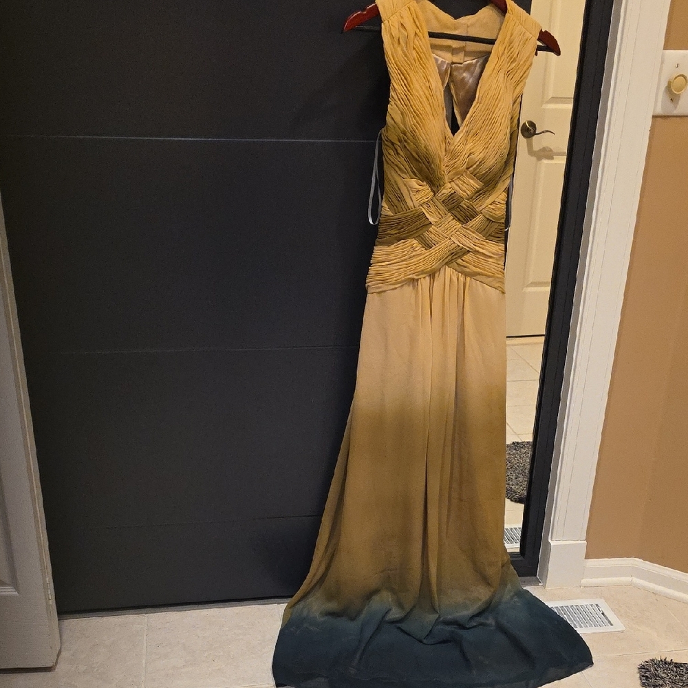 Mikael Aghal Gold and Blue Ombre Maxi Dress